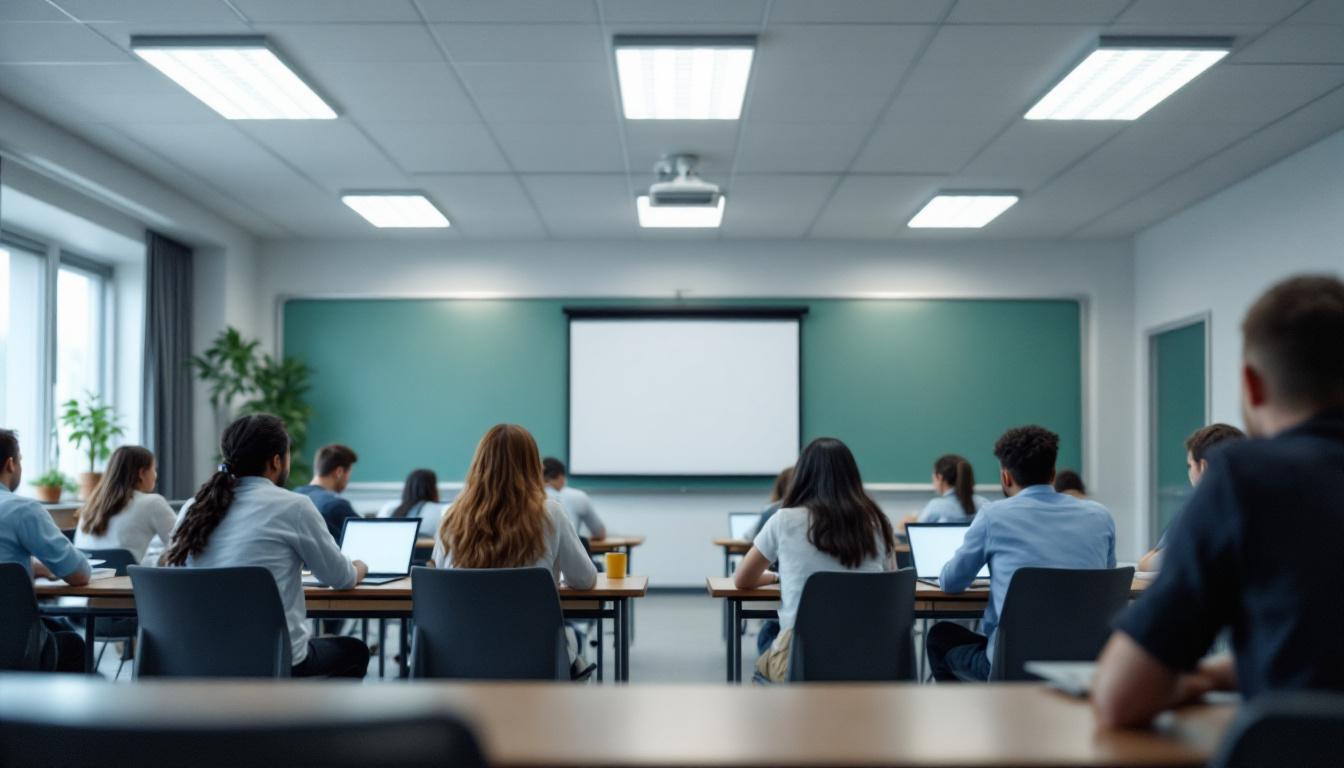 A photograph of a well-lit classroom featuring led lighting