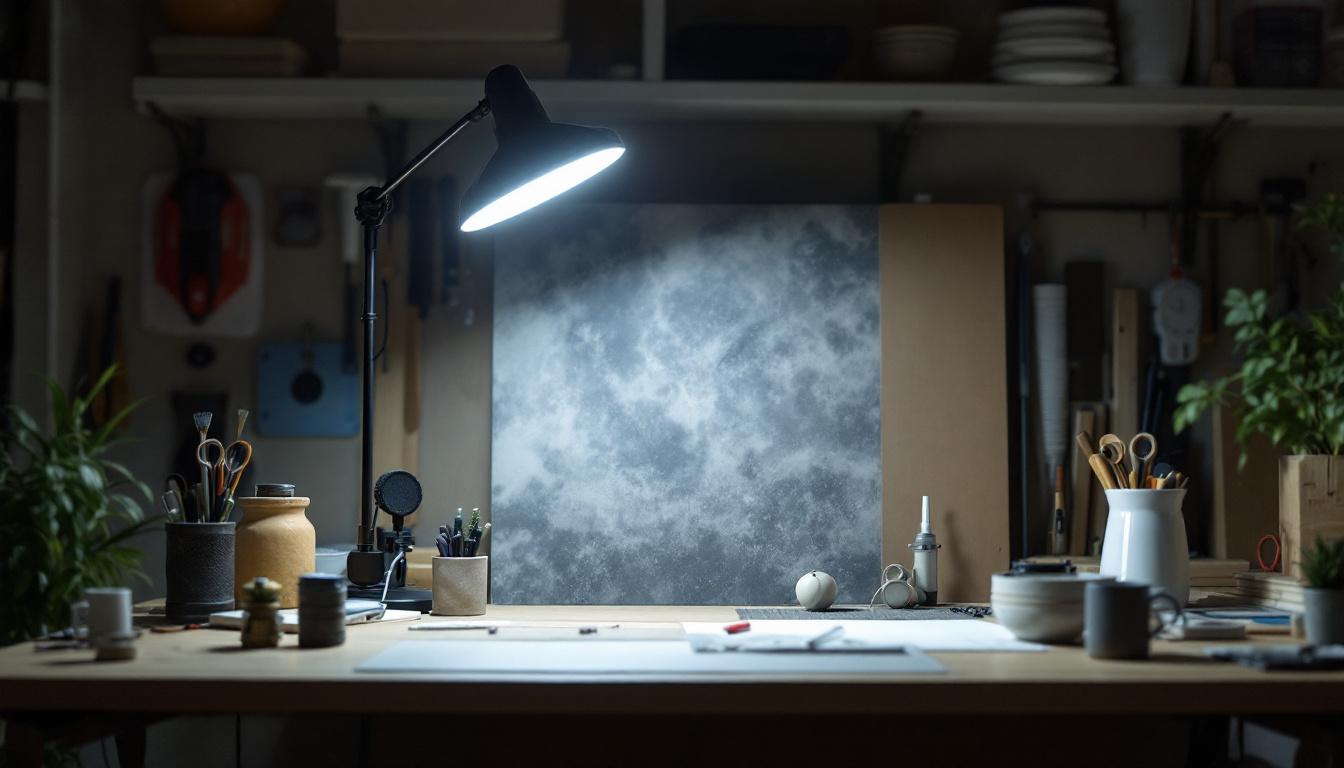 A photograph of a well-lit workspace featuring a plug-in led shop light in use