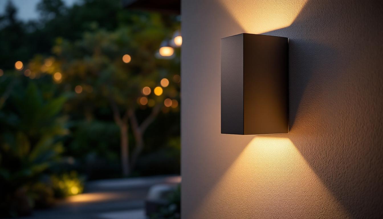 A photograph of a stylish led wall sconce installed in an outdoor setting