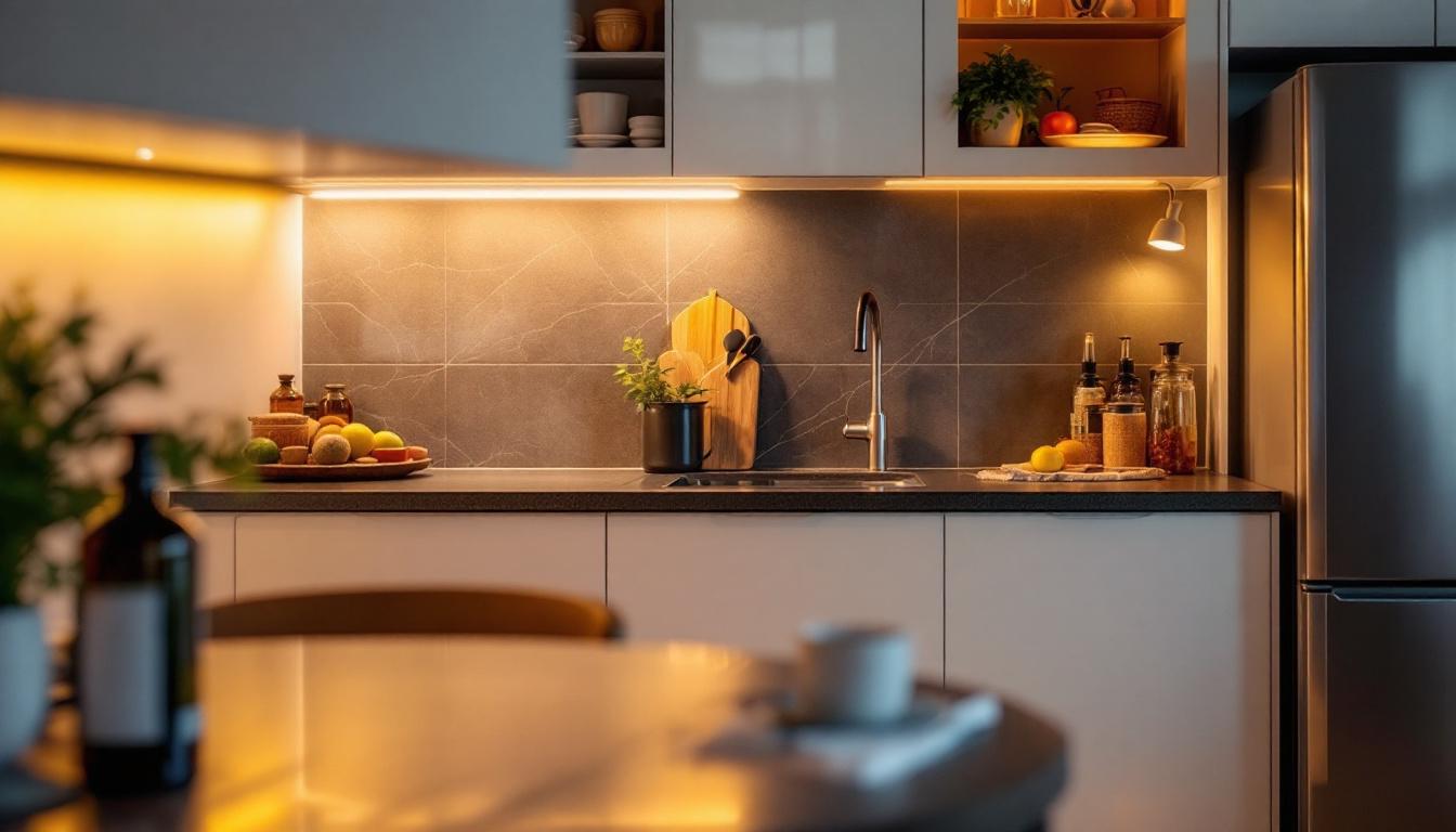 A photograph of a stylish kitchen featuring stick-on under cabinet lights illuminating the countertop