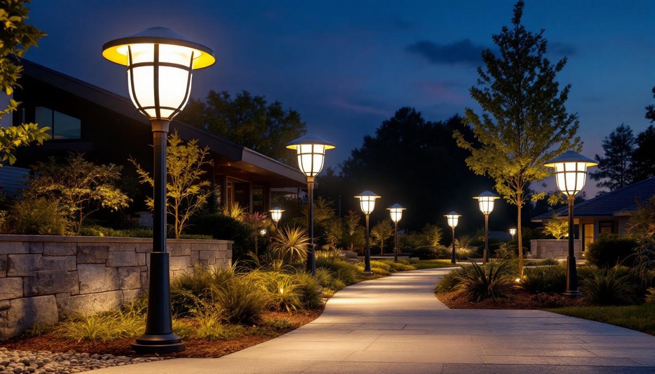 A photograph of a beautifully illuminated outdoor space featuring large-scale pedestal lights