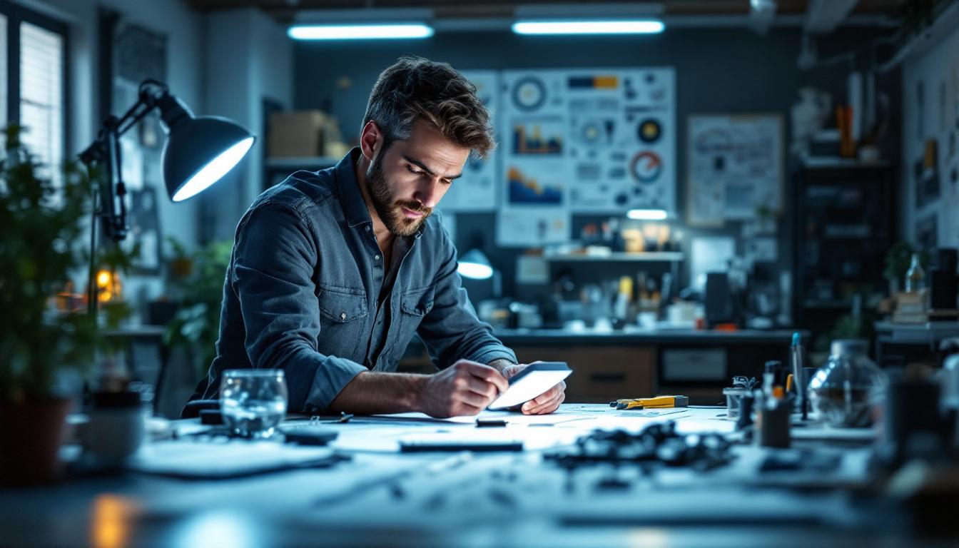 A photograph of a well-lit workspace featuring an electrical engineer analyzing led light fixtures