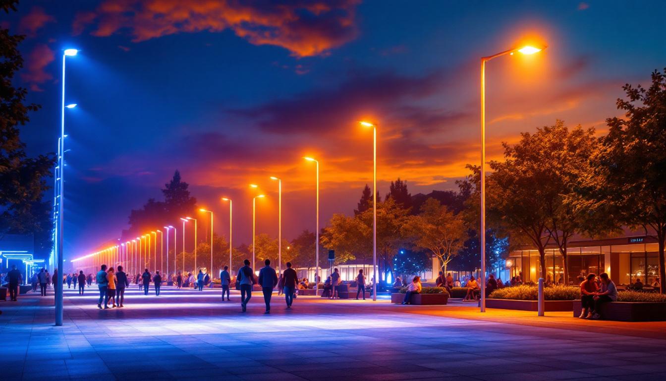 A photograph of a large-scale outdoor lighting installation at dusk
