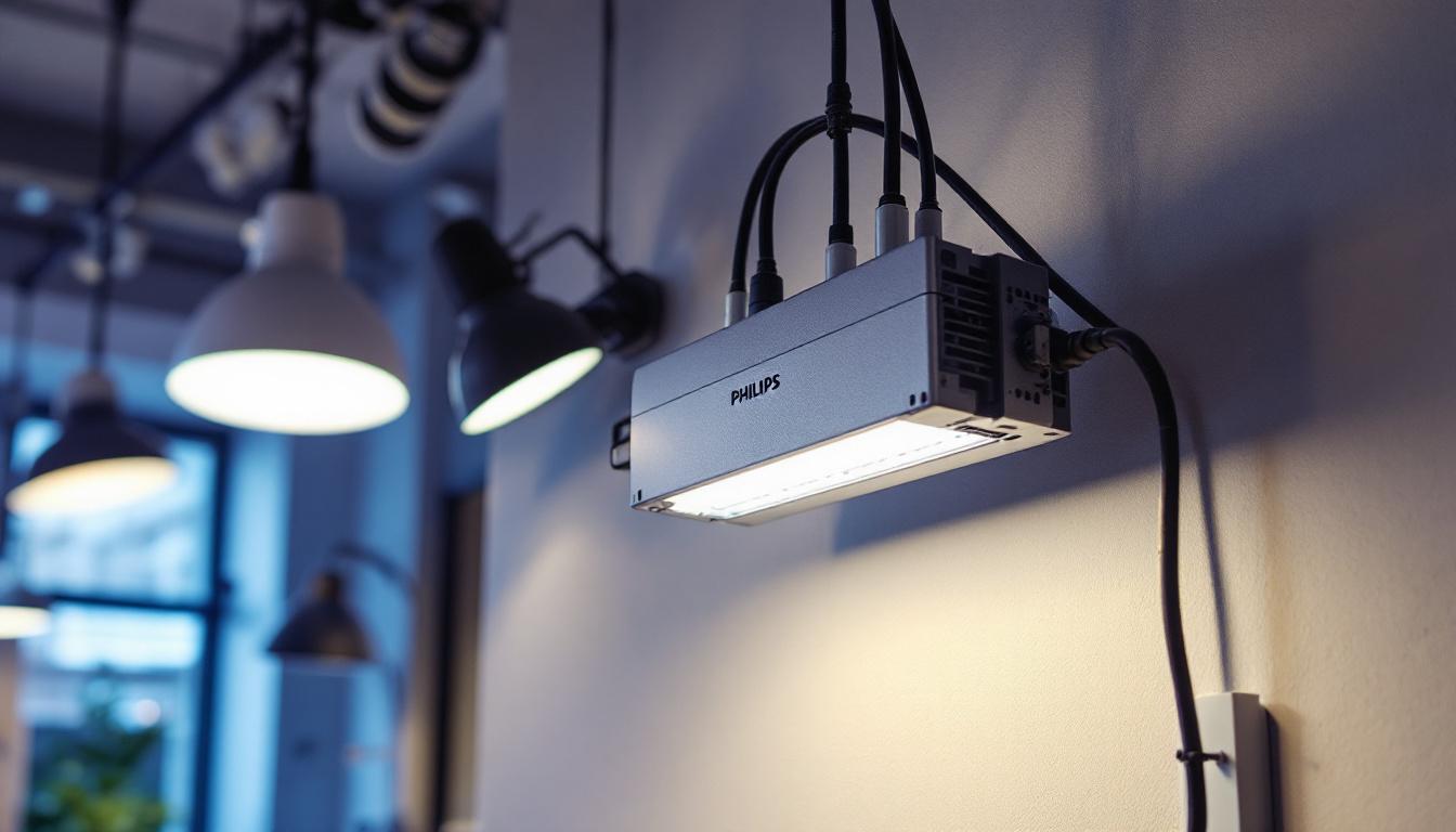 A photograph of a philips ballast installed within a modern lighting setup