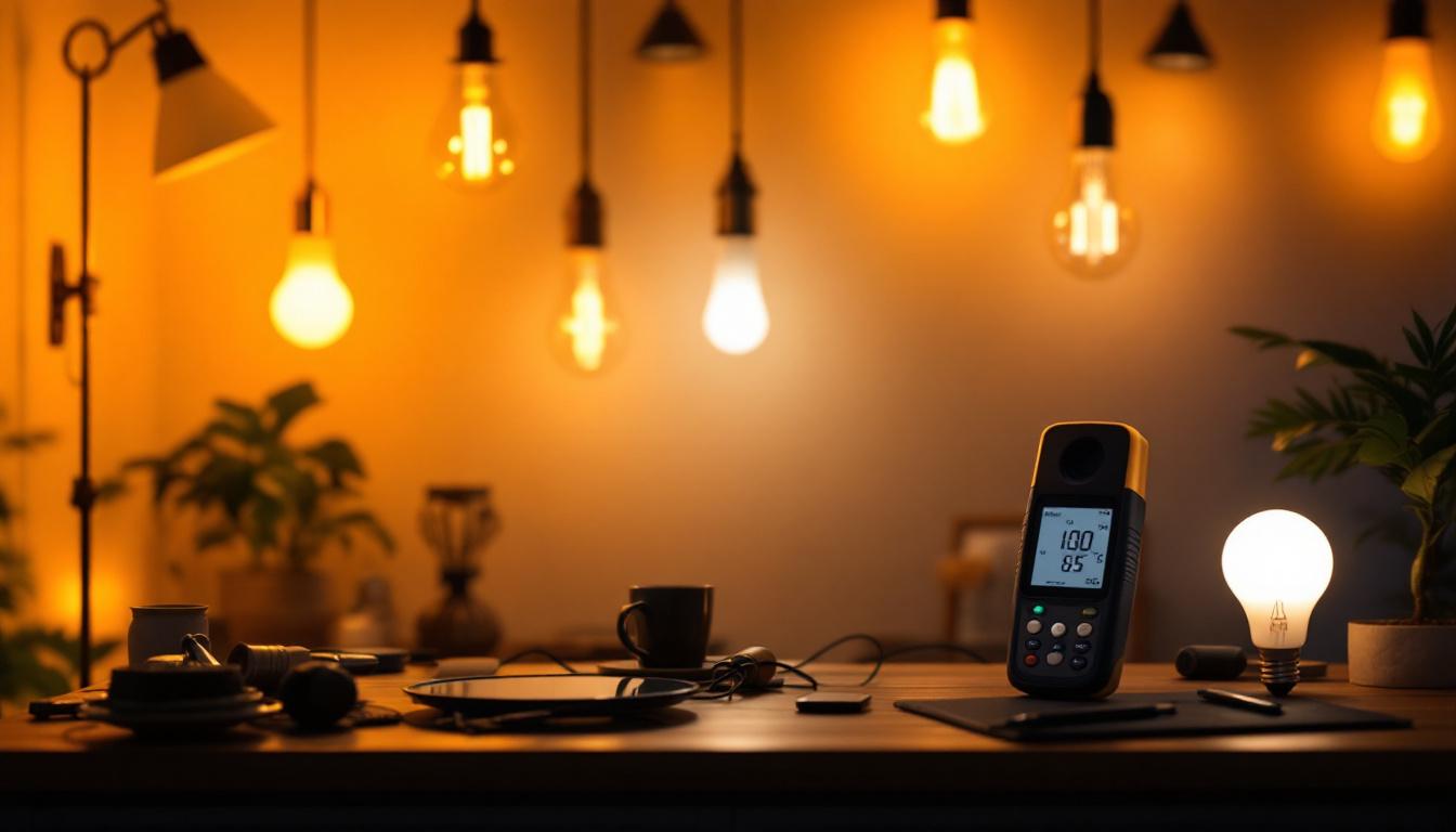A photograph of a well-lit room showcasing various light bulbs in use