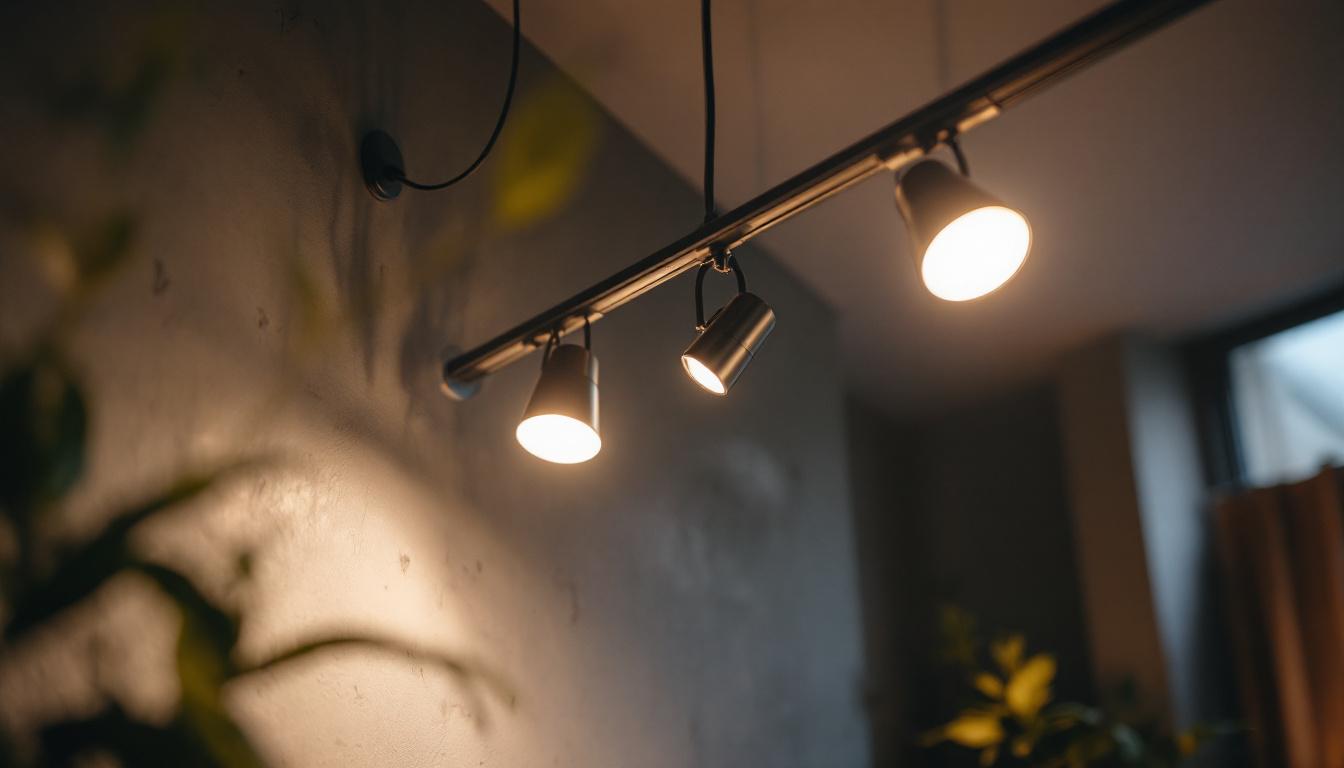 A photograph of a well-designed track lighting installation in a stylish interior setting