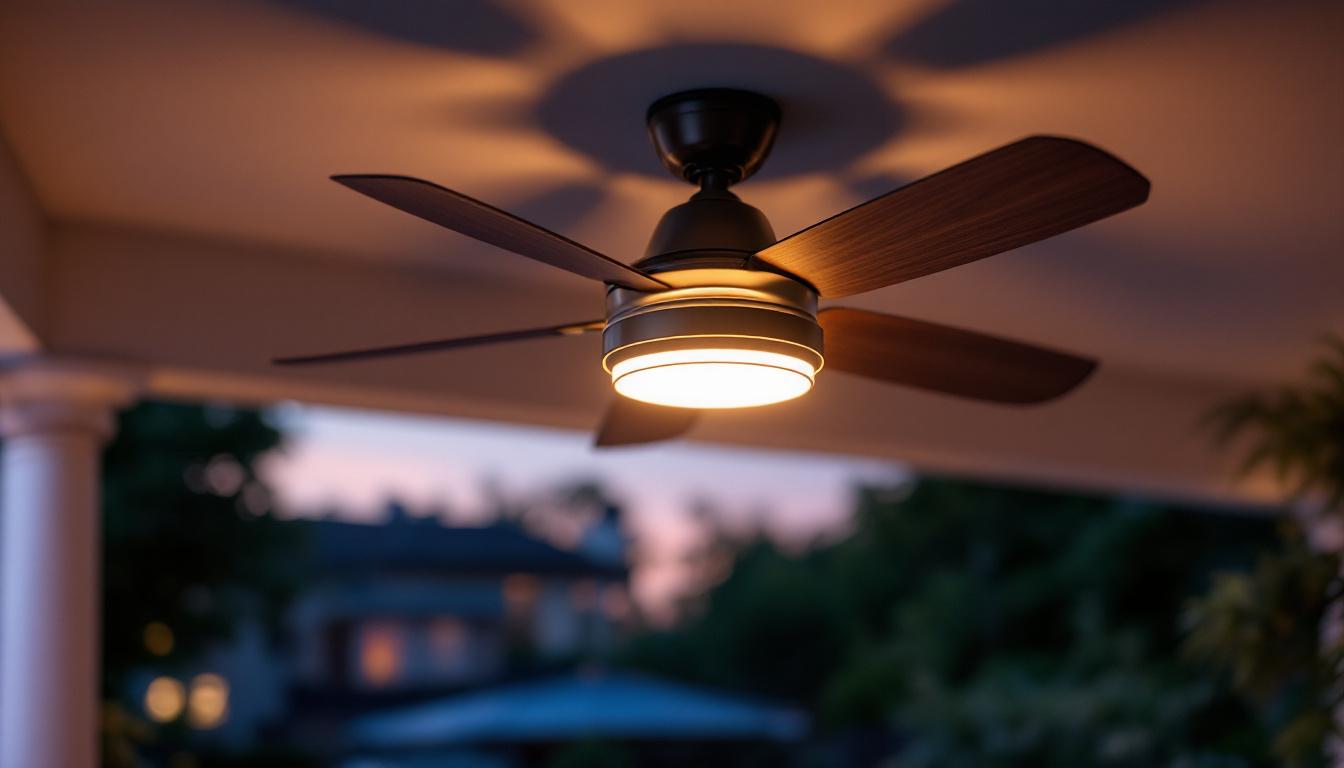 A photograph of a stylish exterior ceiling fan equipped with an elegant light kit