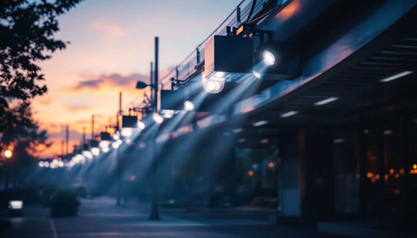 A photograph of a large-scale lighting installation in an outdoor or urban setting