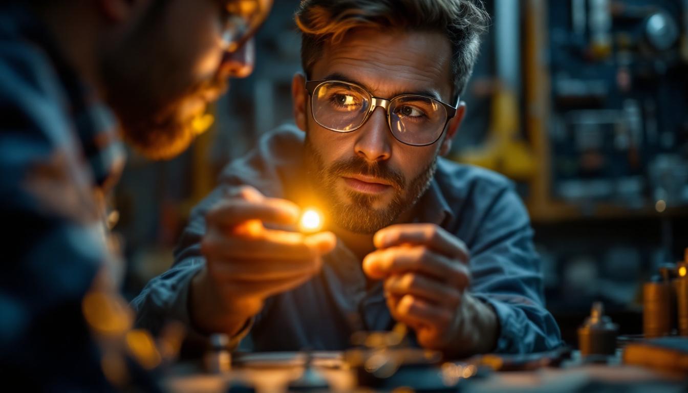 A photograph of a close-up shot of an engineer examining a glowing amber led light in a workshop setting