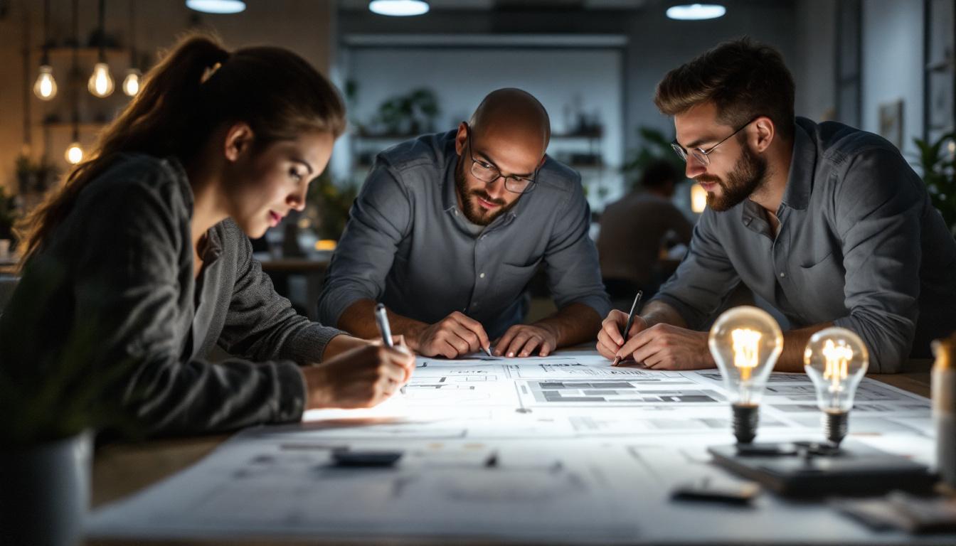A photograph of a modern lighting design workspace featuring engineers collaborating over innovative light bulb prototypes