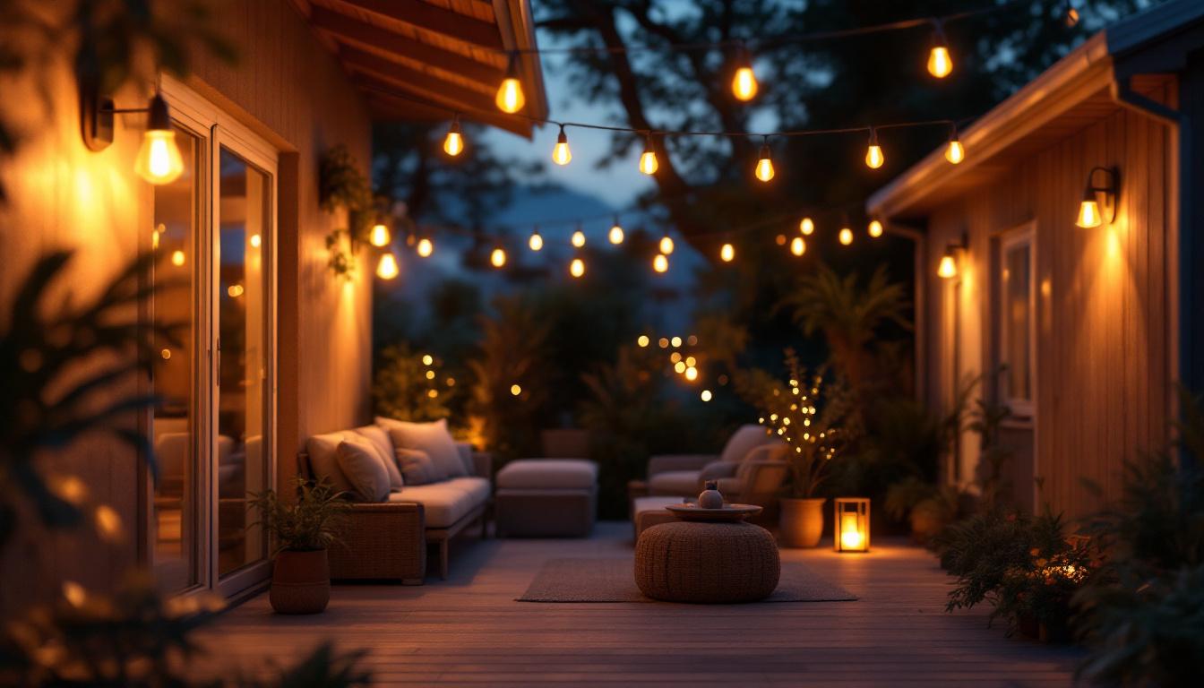 A photograph of a cozy patio illuminated by stylish bulb lights at dusk