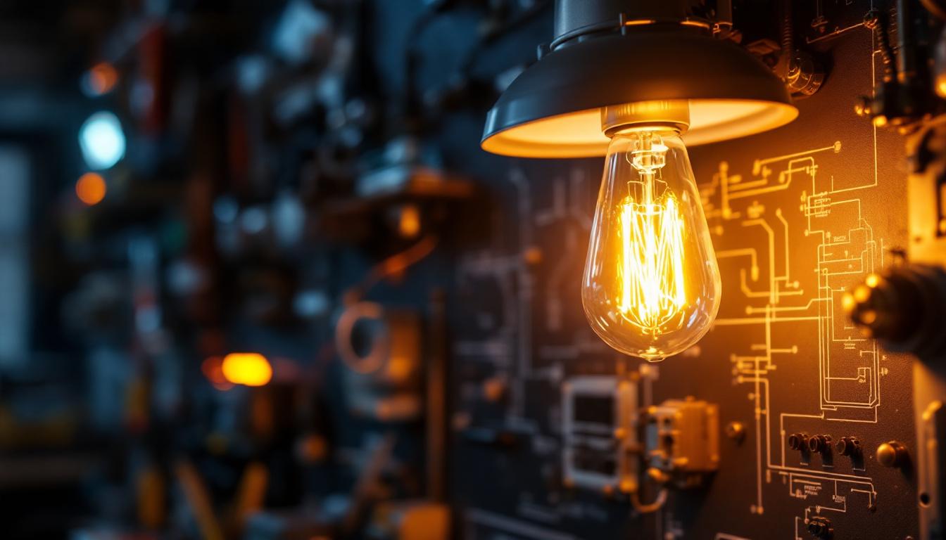 A photograph of a close-up of a modern 12-volt led light fixture in an engineering workspace