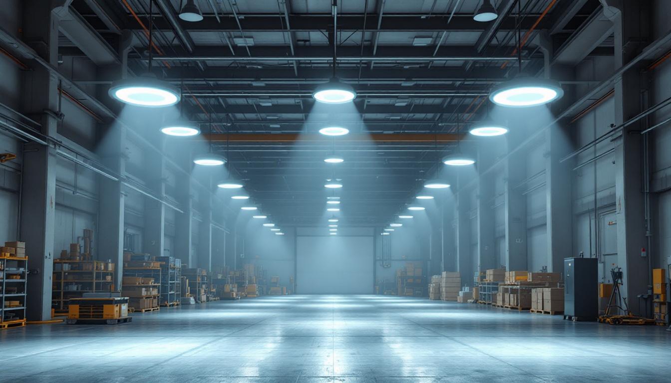A photograph of a well-lit industrial space featuring led high bay ufo lights in action