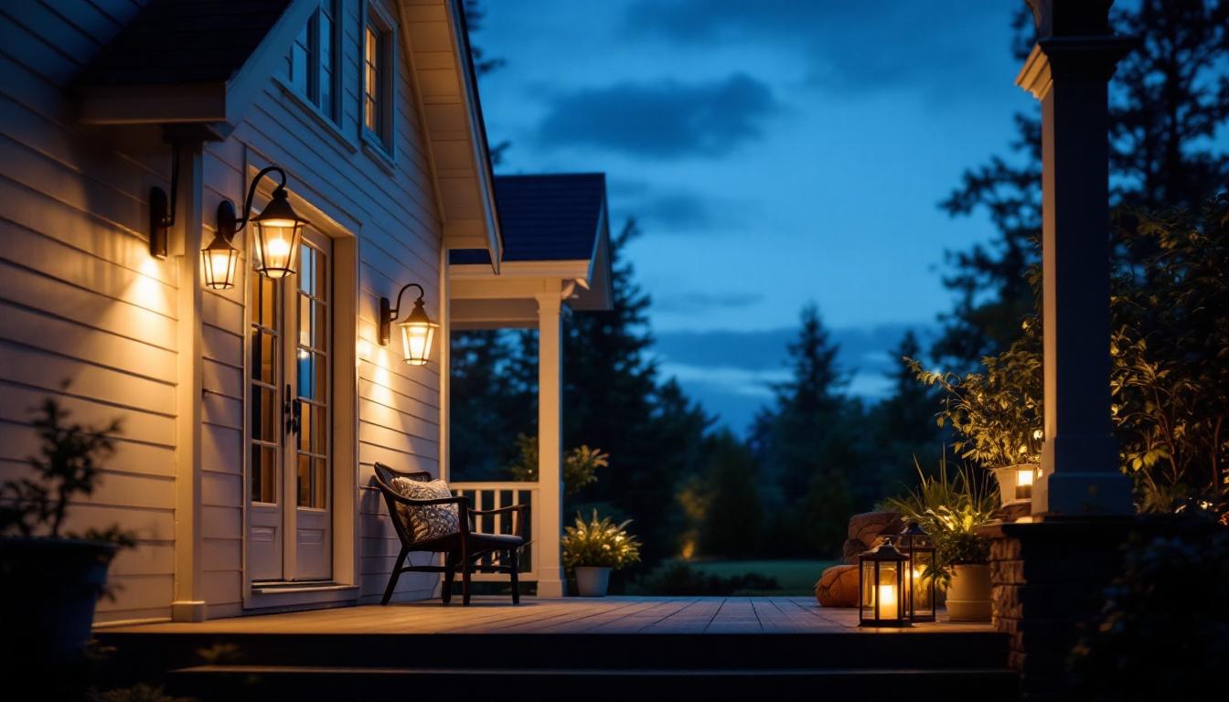 A photograph of a beautifully illuminated porch featuring various light fixtures
