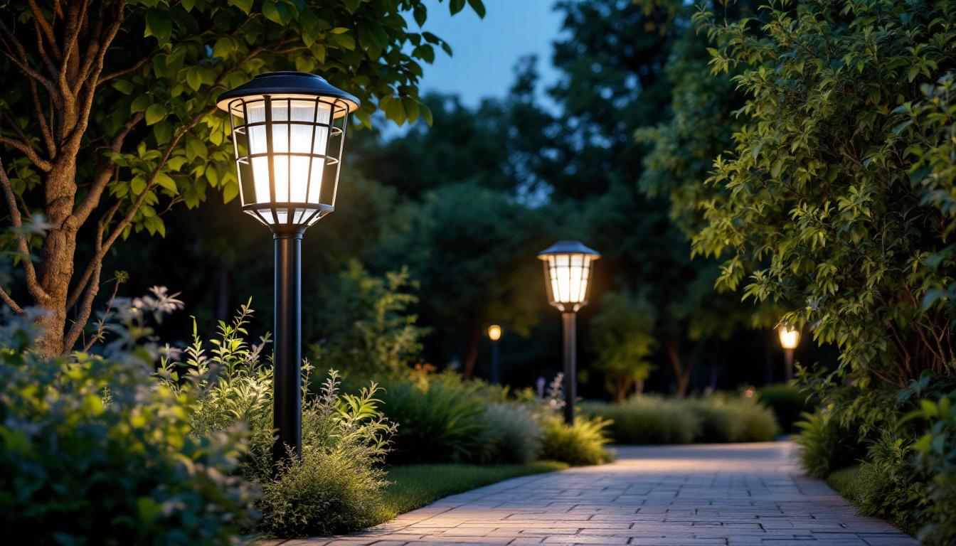 A photograph of a beautifully designed solar-powered lamp post illuminated at dusk