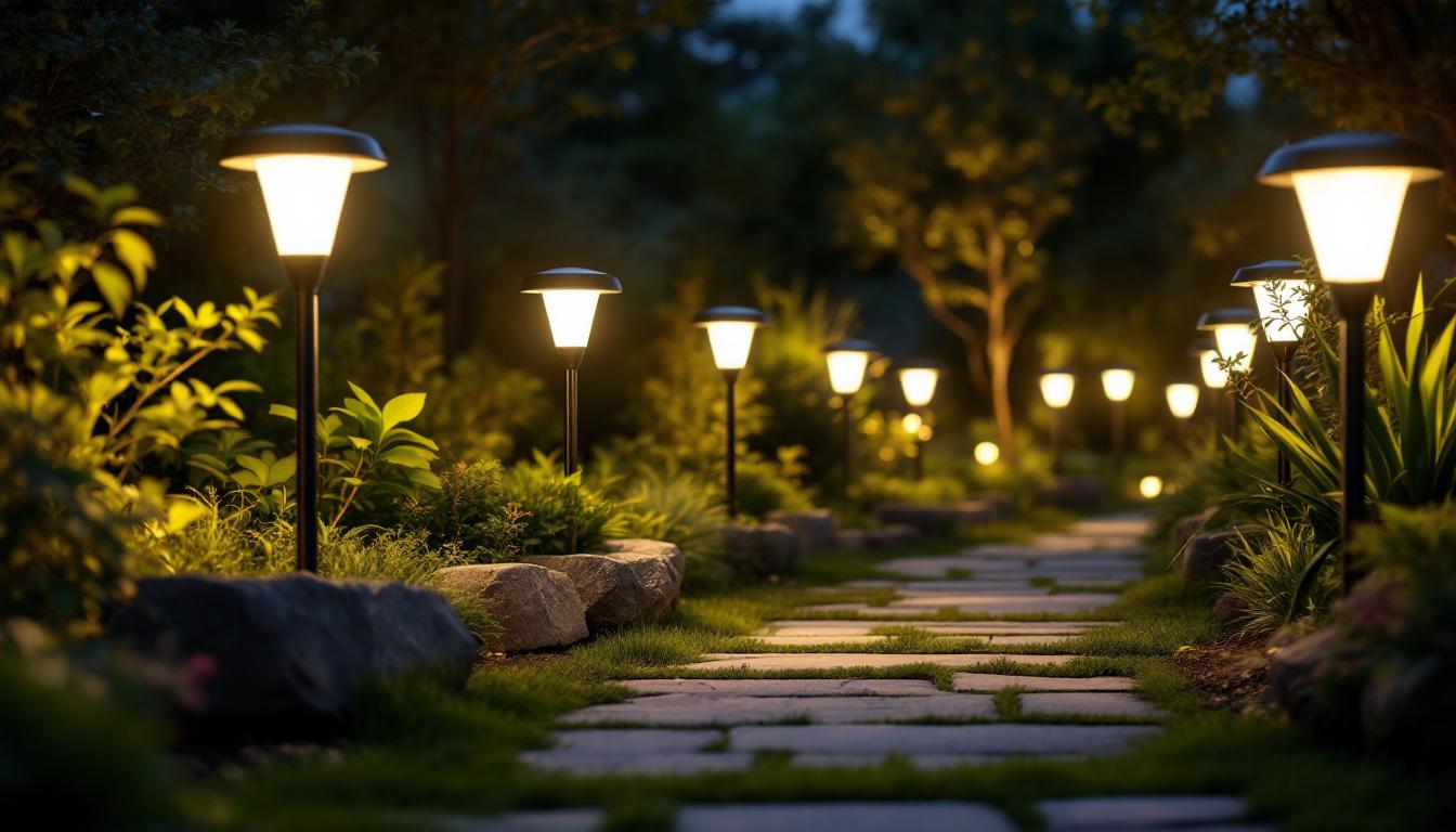 A photograph of a well-lit outdoor setting showcasing various styles of post led solar lights illuminating a pathway or garden