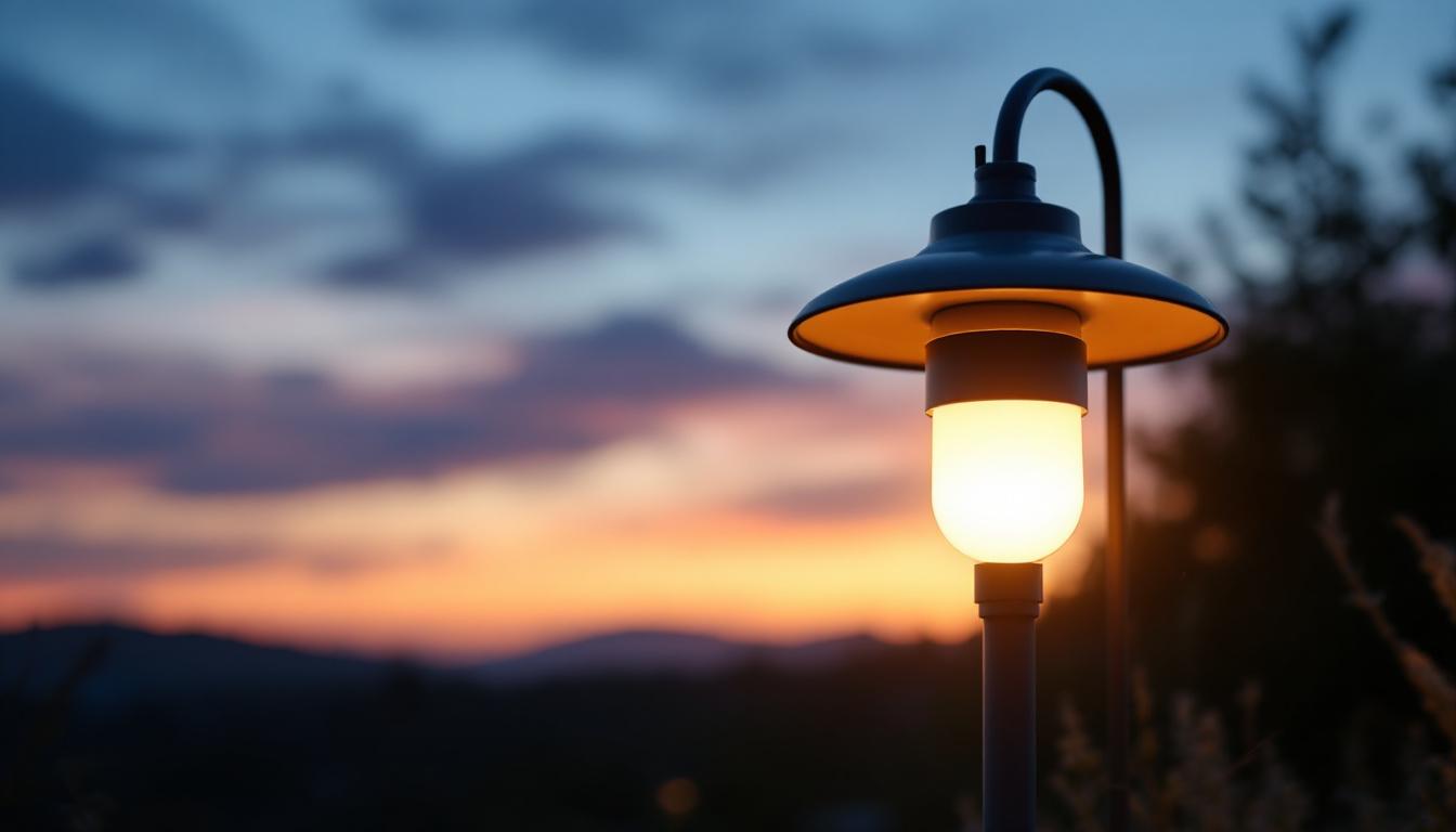 A photograph of a stylish outdoor lamp post with an inviting glow