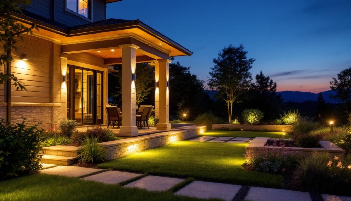 A photograph of a beautifully illuminated outdoor space featuring various led landscape lighting installations