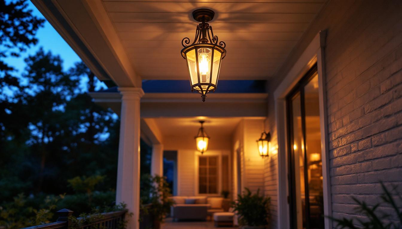 A photograph of a beautifully designed porch featuring an elegant ceiling light fixture