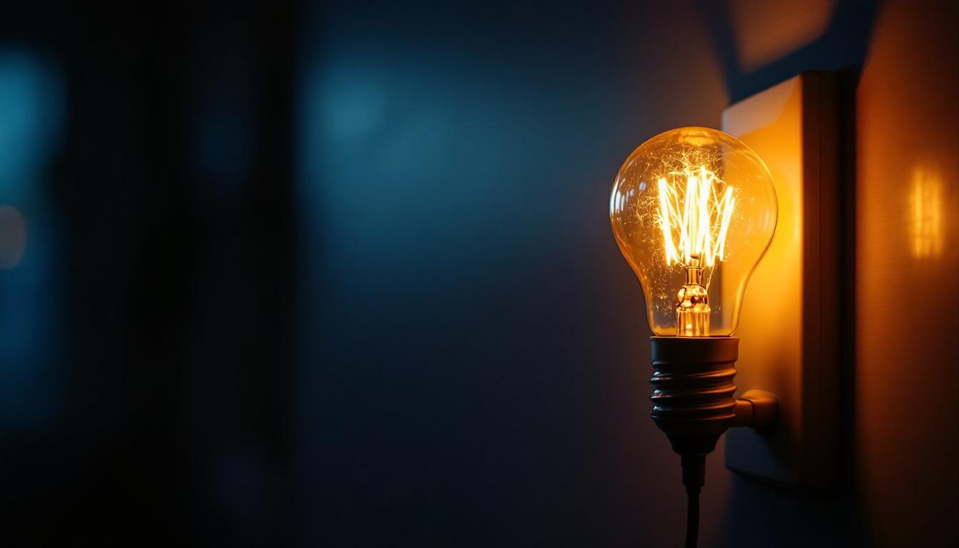 A photograph of a glowing incandescent light bulb in a dimly lit room