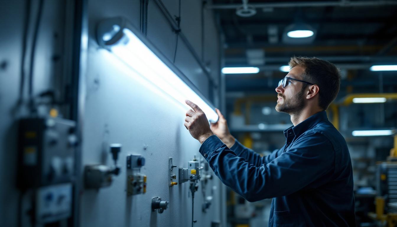 A photograph of a t12 fluorescent fixture in a well-lit engineering workspace