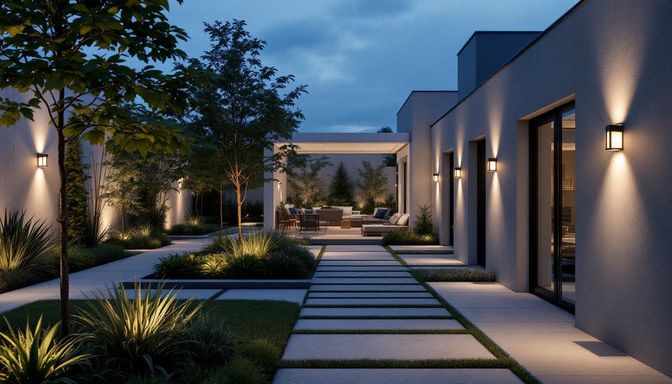 A photograph of a modern outdoor space illuminated by landscape forms lighting
