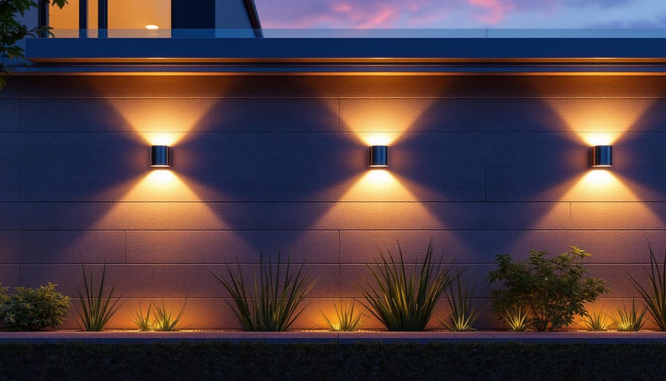 A photograph of a beautifully illuminated exterior wall featuring various styles of led wall lights