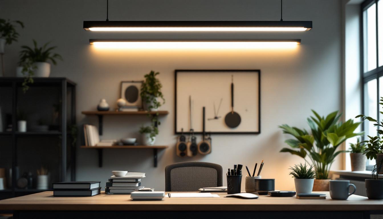 A photograph of a well-lit workspace featuring a 4ft fluorescent light fixture