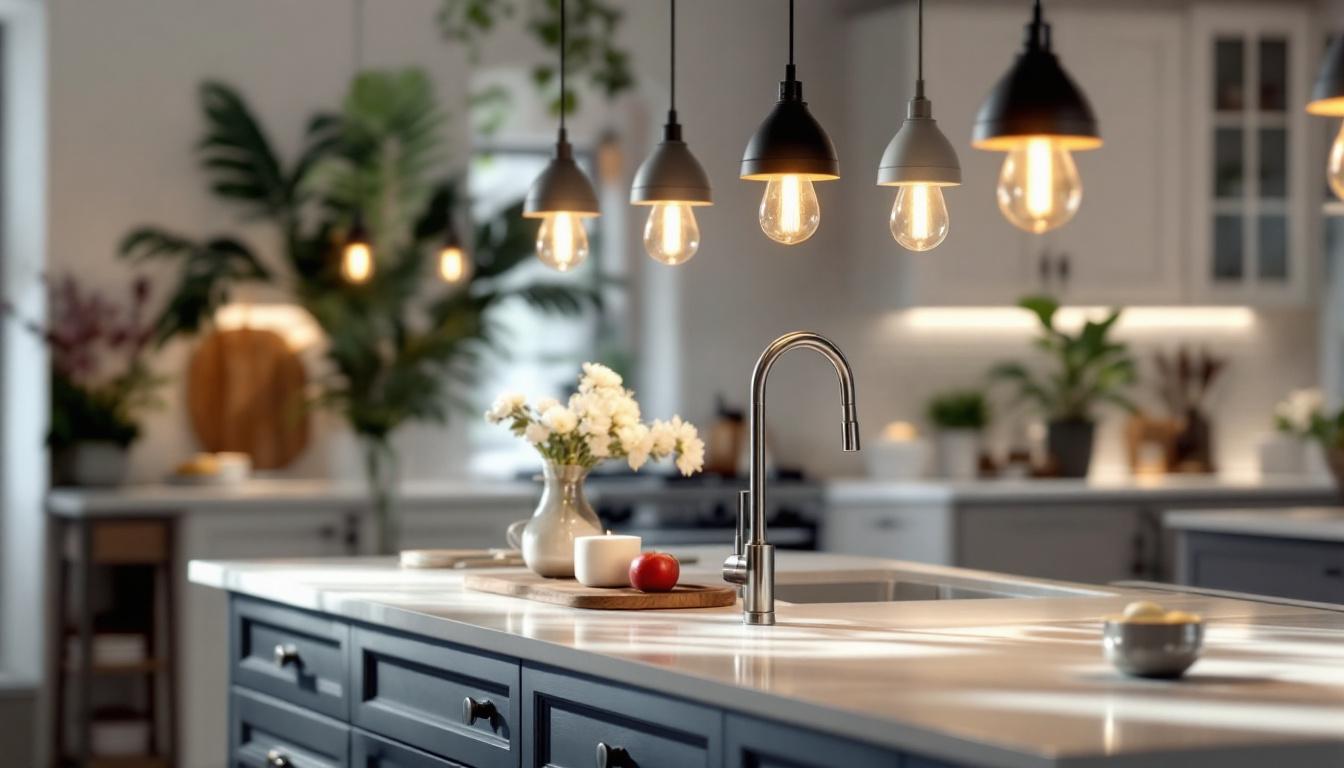 A photograph of a beautifully designed kitchen island featuring stylish drop lights