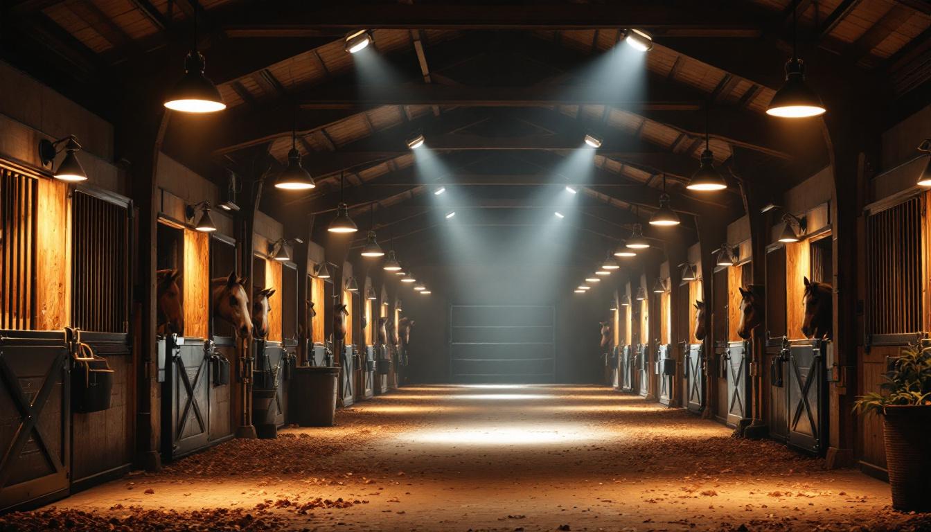 A photograph of a well-lit horse barn interior showcasing various types of lighting fixtures