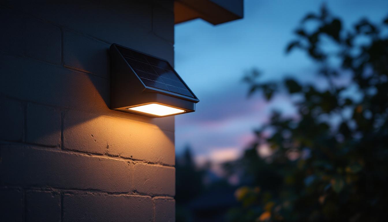 A photograph of a solar panel security light installed in an outdoor setting at dusk
