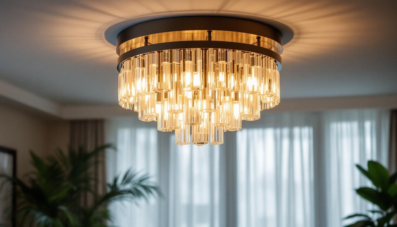 A photograph of a beautifully designed large flush mount chandelier illuminated in a stylish room setting