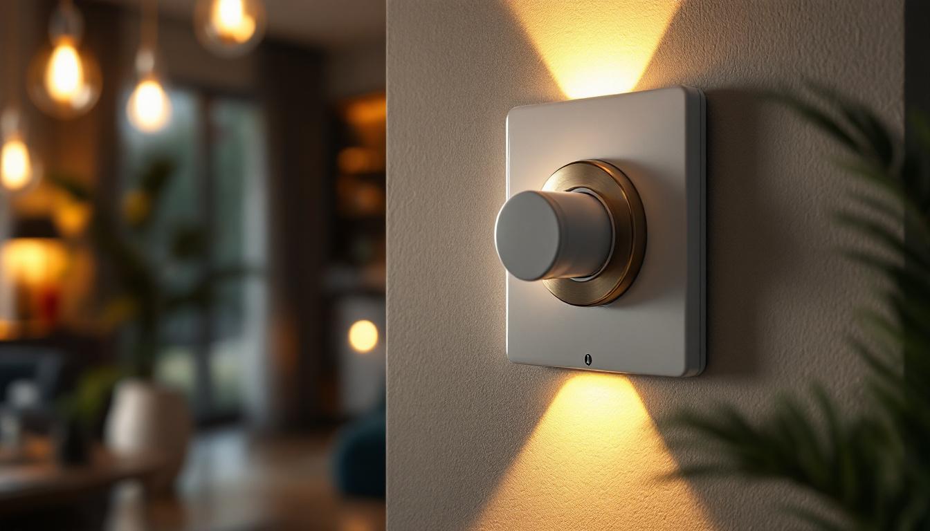 A photograph of a stylish dimmer wall switch in a modern interior setting