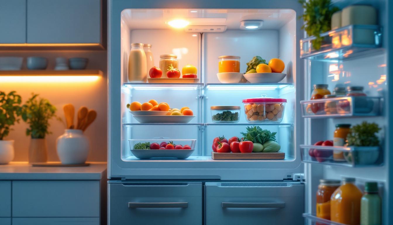 A photograph of a modern refrigerator with its interior light on