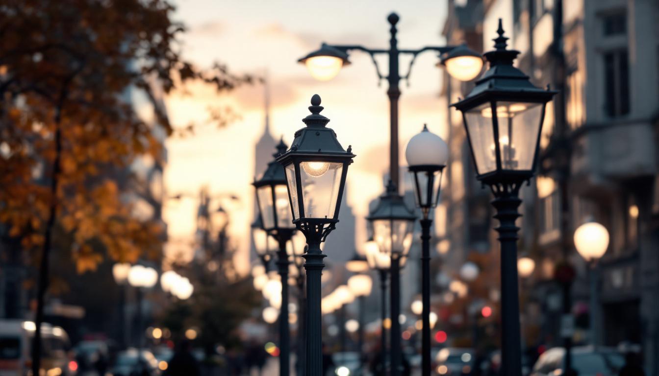A photograph of a variety of lamp post heads in an urban setting