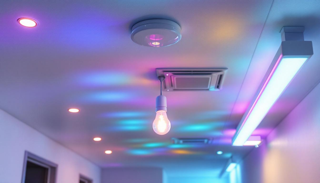 A photograph of a modern ceiling fitted with various types of lighting