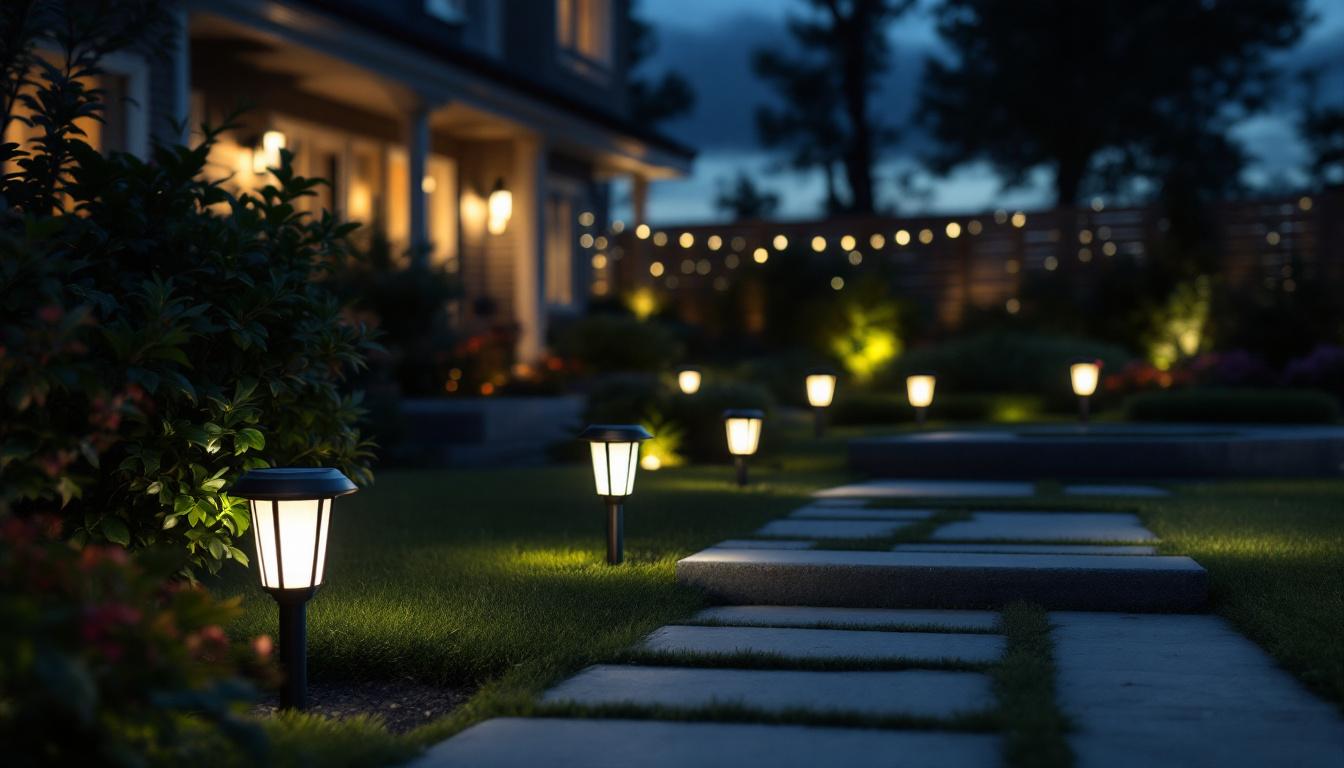 A photograph of a beautifully illuminated outdoor space featuring high-quality solar lights in various settings
