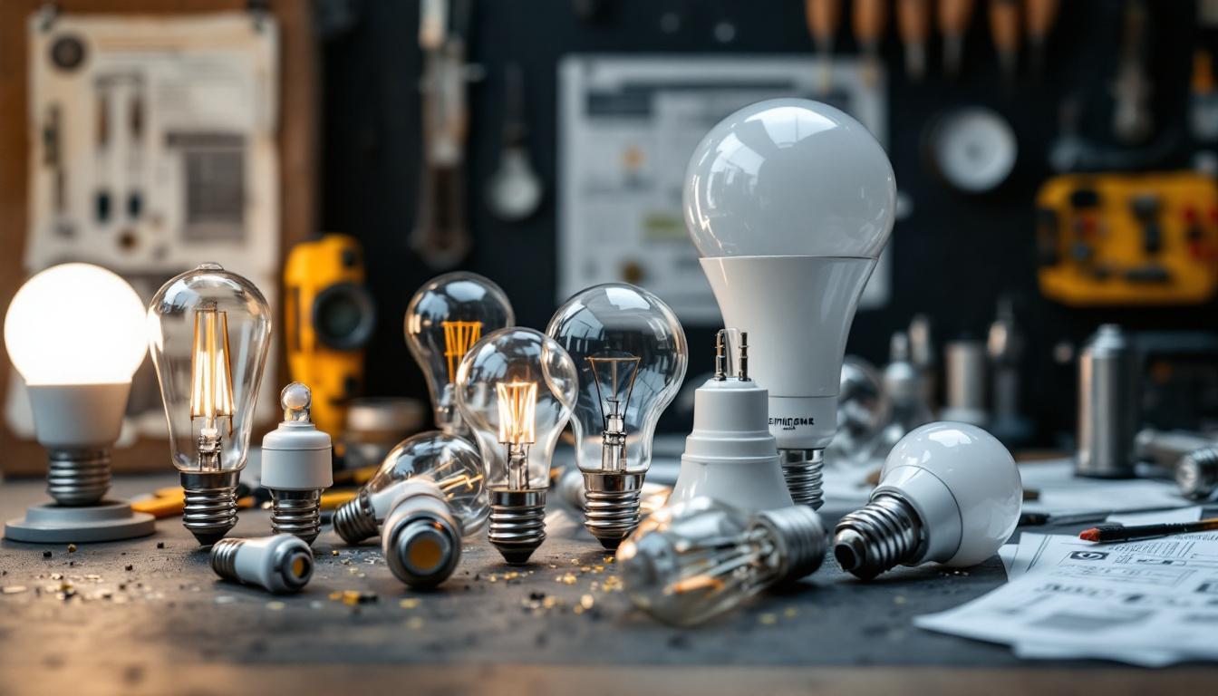 A photograph of a variety of light bulbs arranged on a workbench