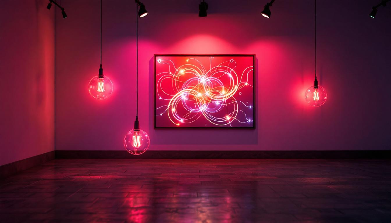 A photograph of a beautifully lit artwork in a gallery setting