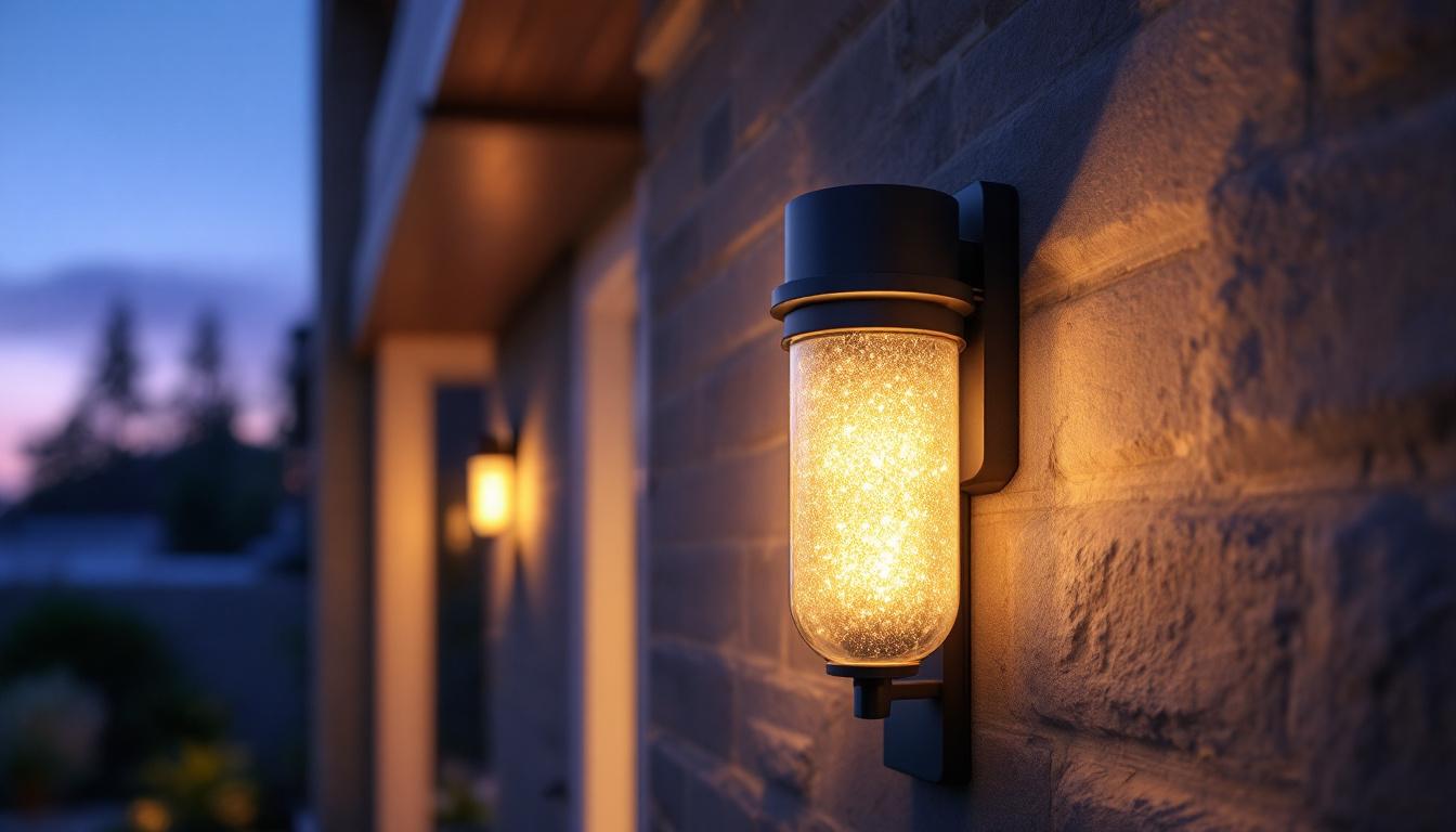 A photograph of a beautifully designed outdoor door light fixture illuminated at dusk