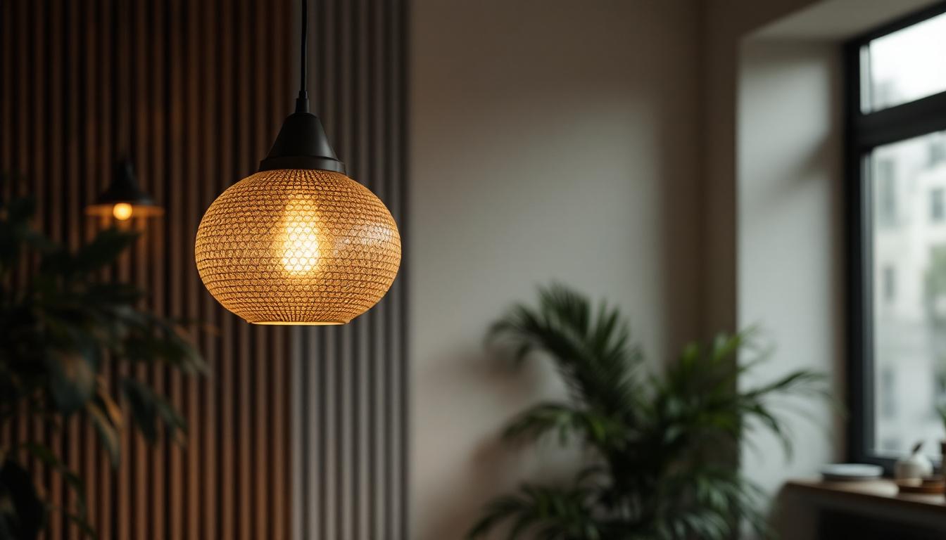 A photograph of a stylish round pendant lamp hanging elegantly in a well-designed interior space