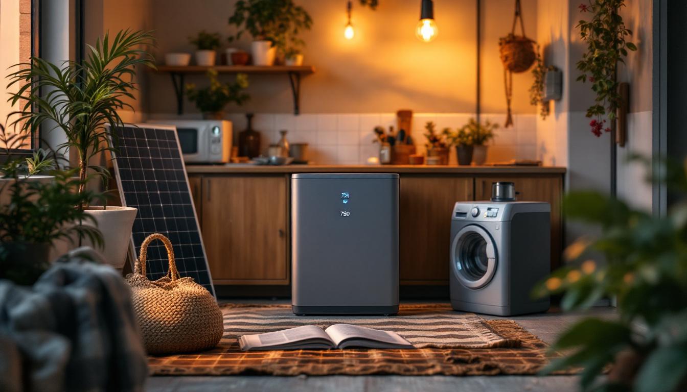 A photograph of a well-organized home energy setup featuring a 750-watt inverter in action