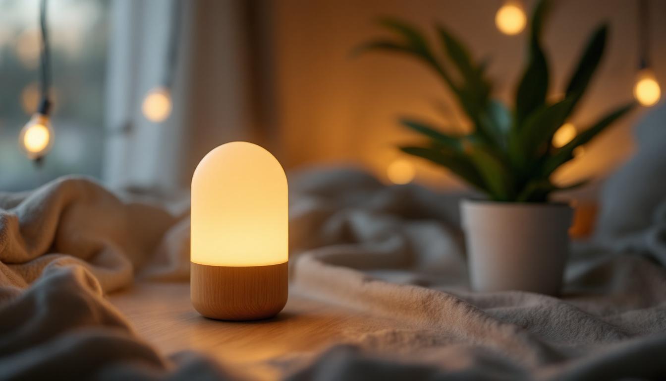 A photograph of a beautifully designed solar-powered night light in a cozy indoor setting