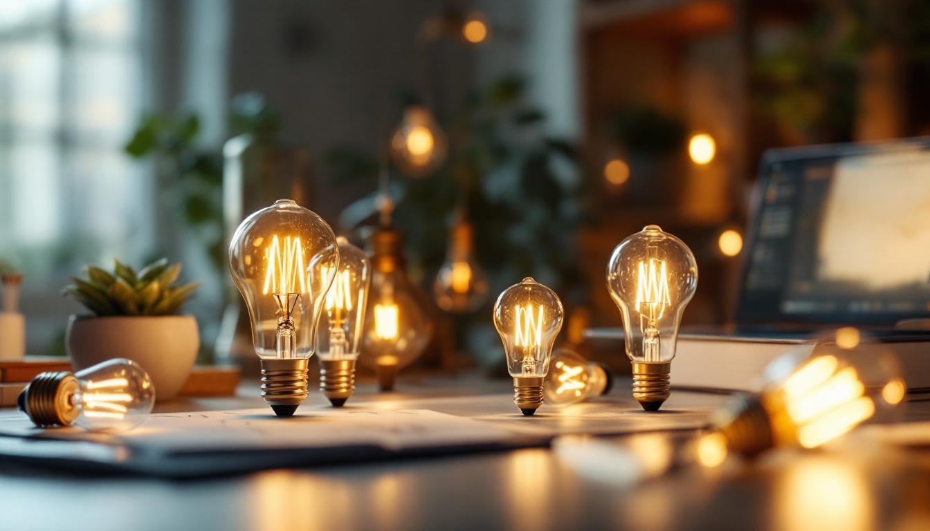 A photograph of capture a photograph of a well-lit workspace featuring a variety of light bulb type c options