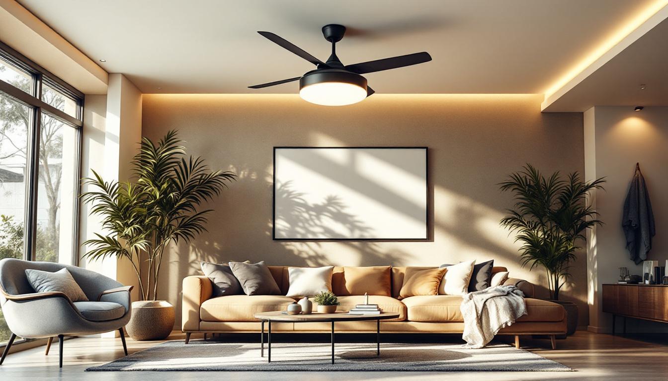 A photograph of a modern ceiling fan in an aesthetically pleasing living room setting