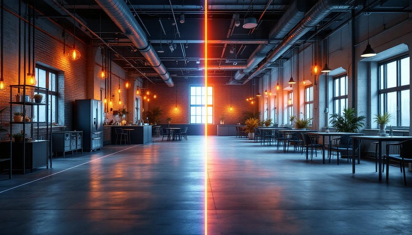 A photograph of a contrasting scene that showcases both industrial and commercial lighting environments
