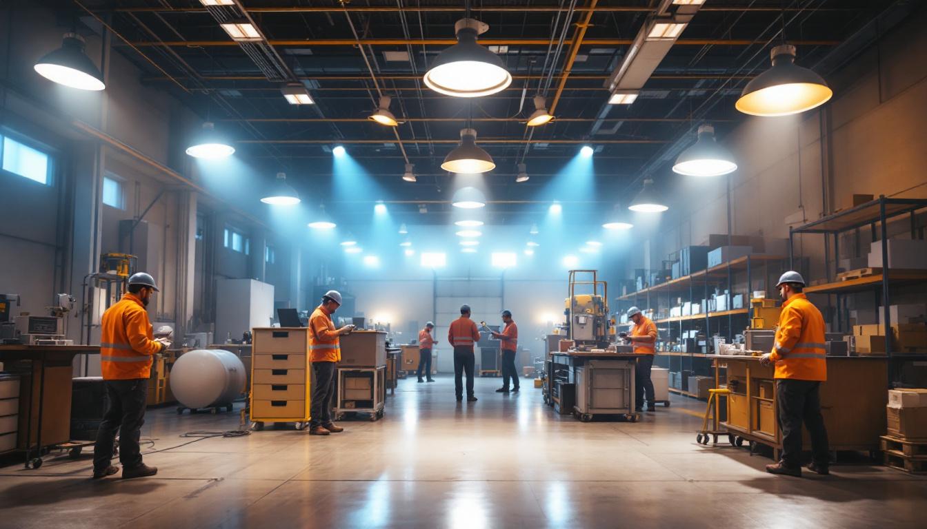A photograph of a well-lit industrial shop floor showcasing various lighting fixtures in use