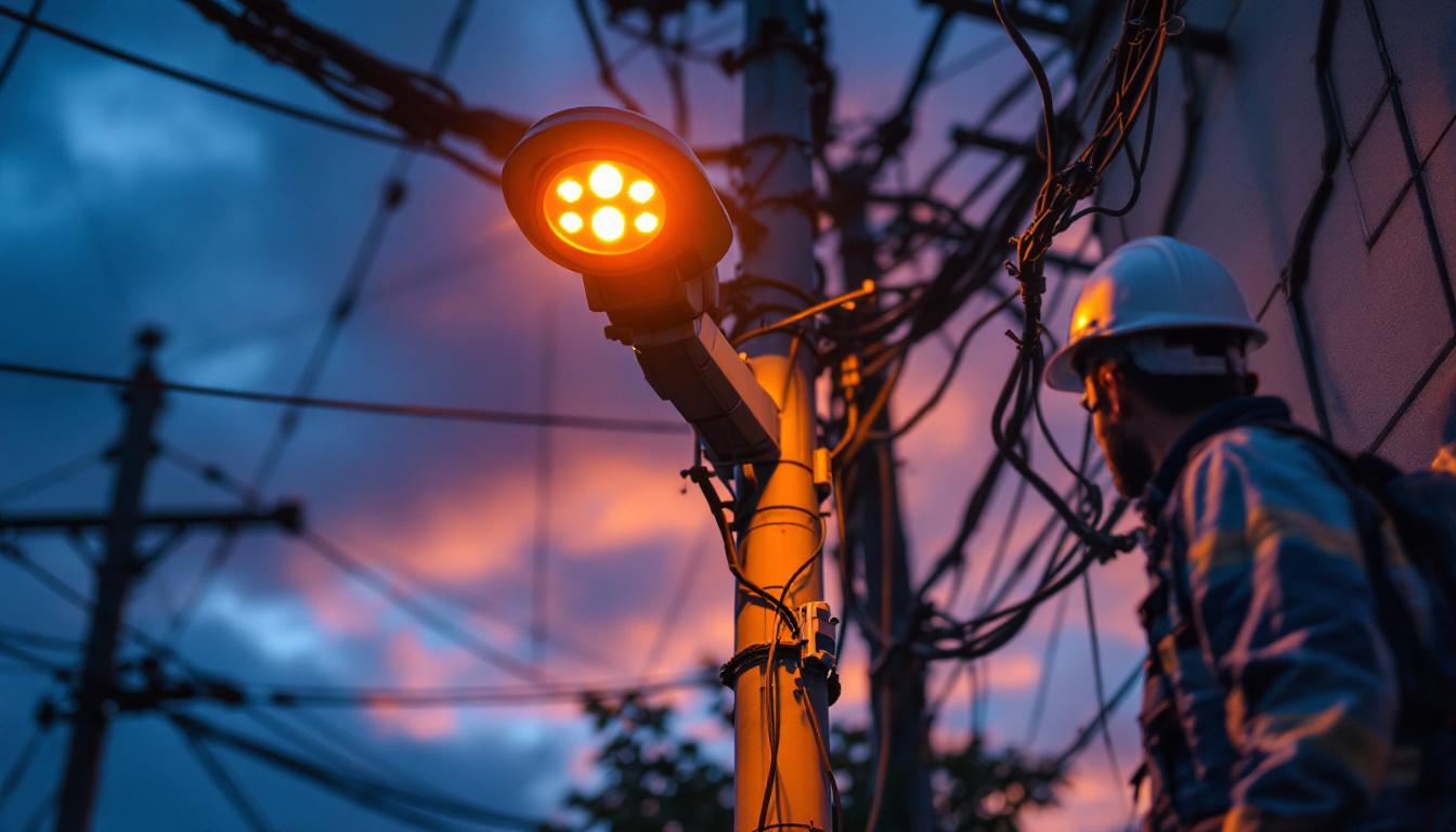 A photograph of a lamp post equipped with a modern sensor
