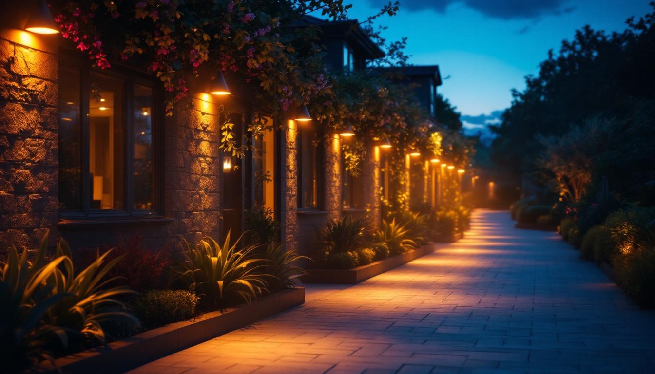 A photograph of a beautifully illuminated outdoor space showcasing various led flood lights in action