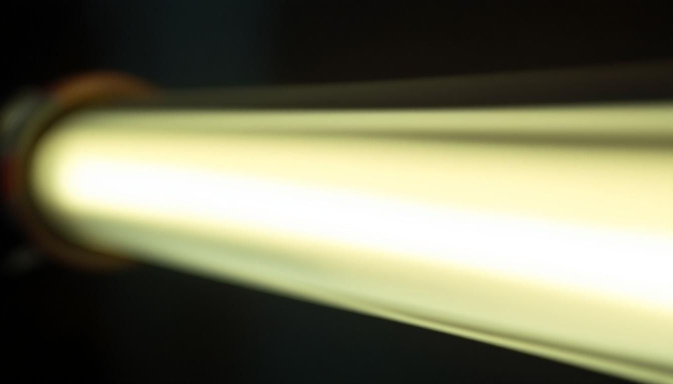 A photograph of a close-up of a flickering fluorescent tube in a dimly lit environment
